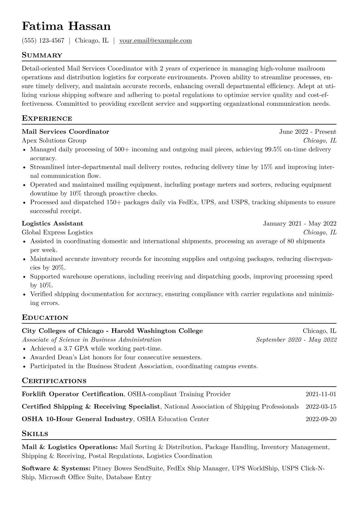 Mail Services Coordinator Resume Example CV template - Page 1