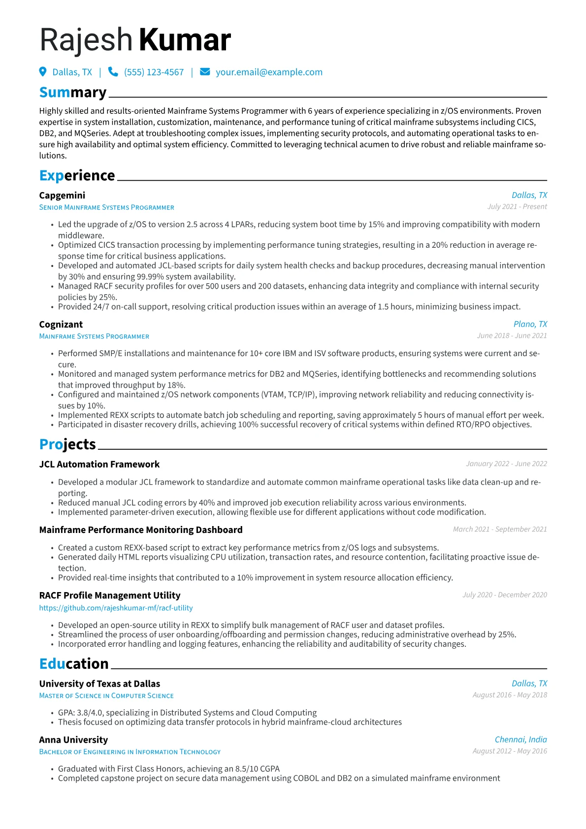 Mainframe Systems Programmer Resume Example CV template - Page 1