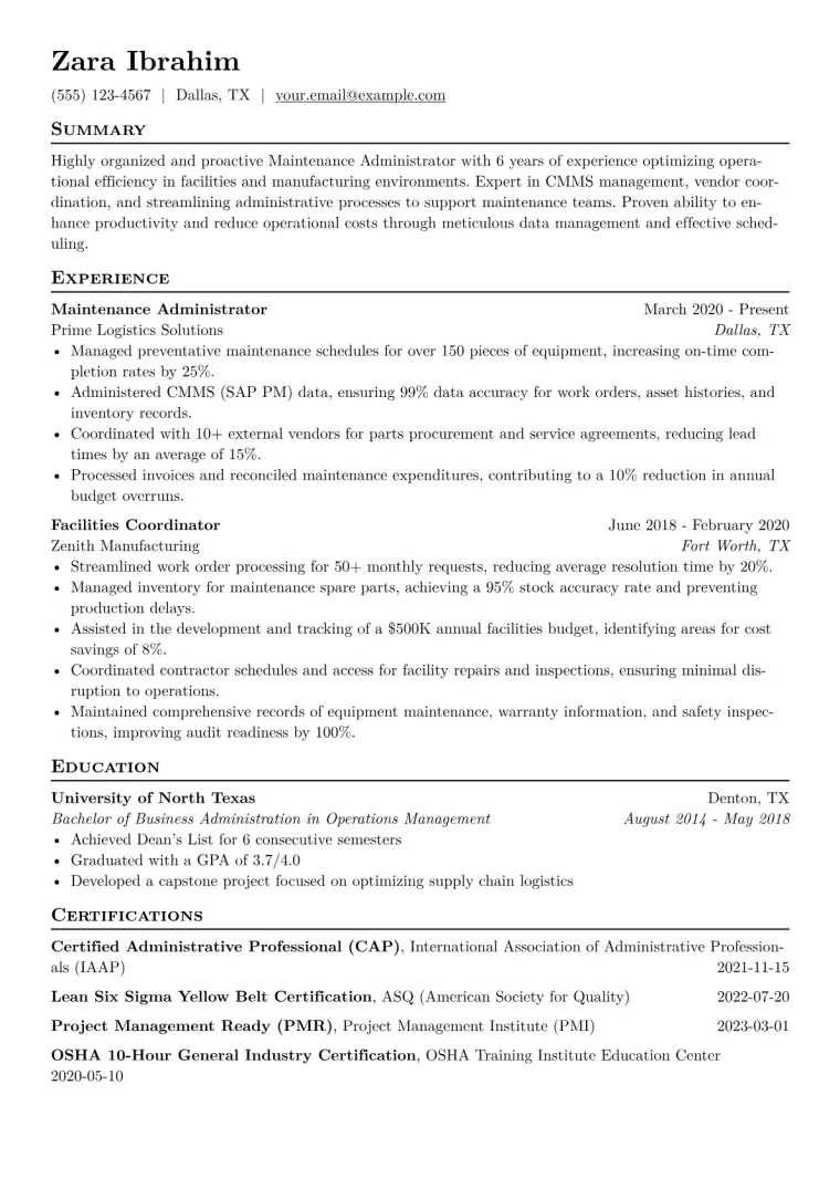 Maintenance Administrator Resume Example CV template preview