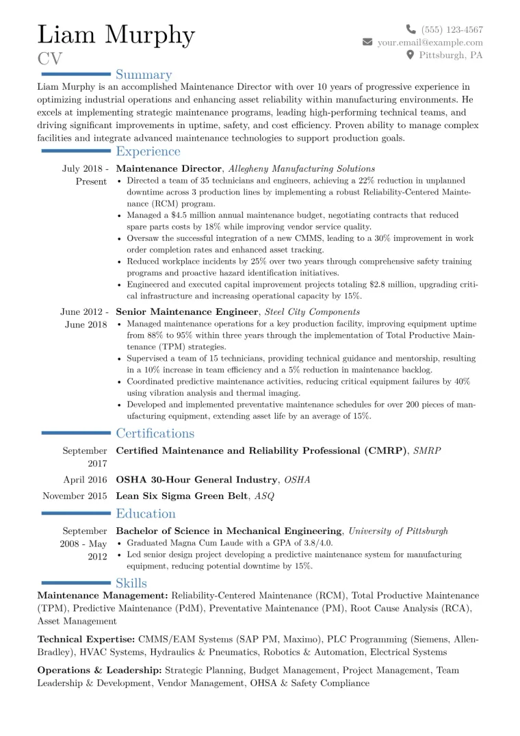 Maintenance Director Resume Example CV template preview