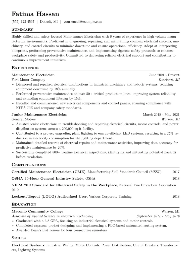 Maintenance Electrician Resume Example CV template preview