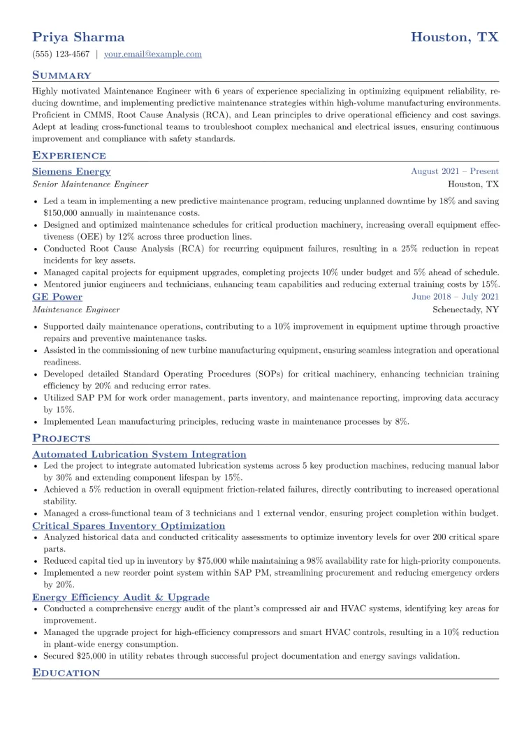 Maintenance Engineer Resume Example CV template preview