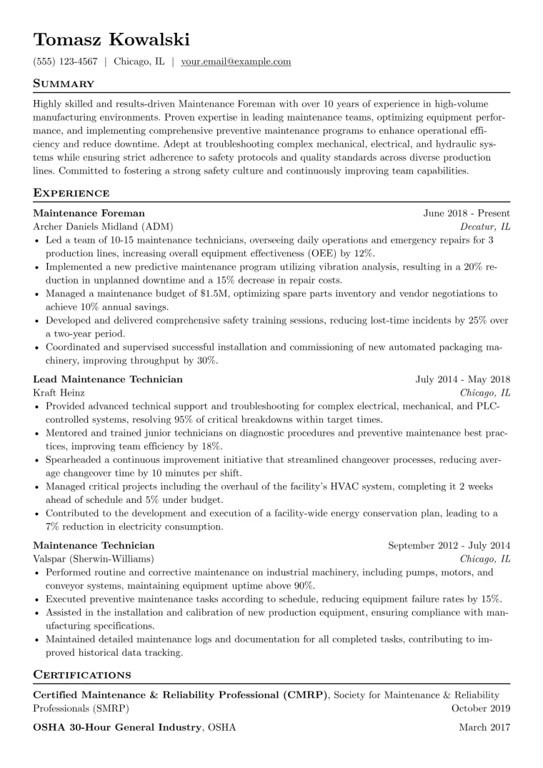 Maintenance Foreman Resume Example CV template preview