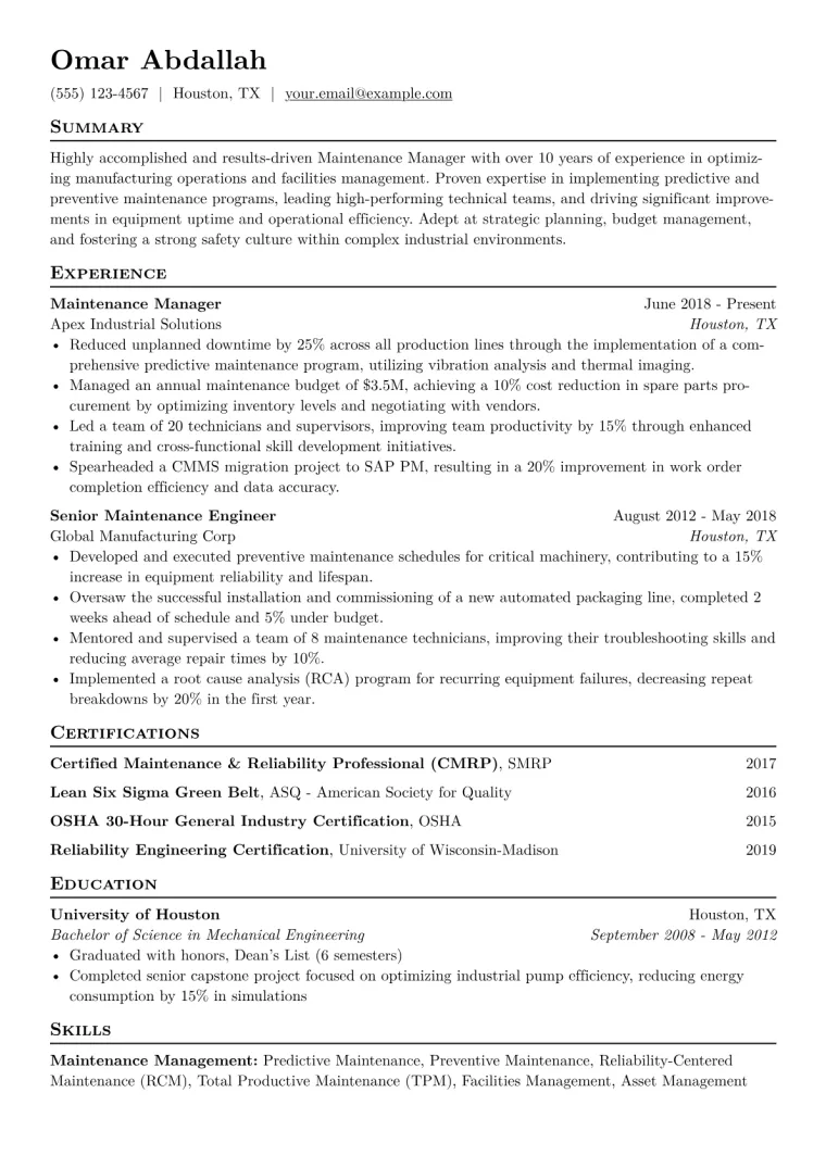Maintenance Manager Resume Example