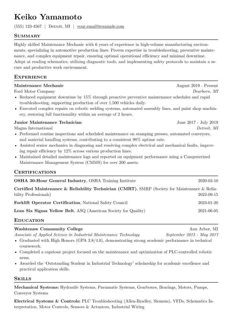 Maintenance Mechanic Resume Example CV template preview