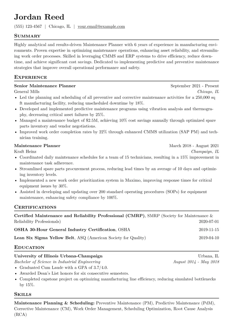 Maintenance Planner Resume Example CV template preview