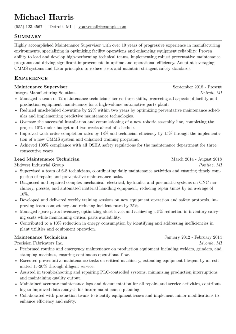 Maintenance Supervisor Resume Example CV template preview