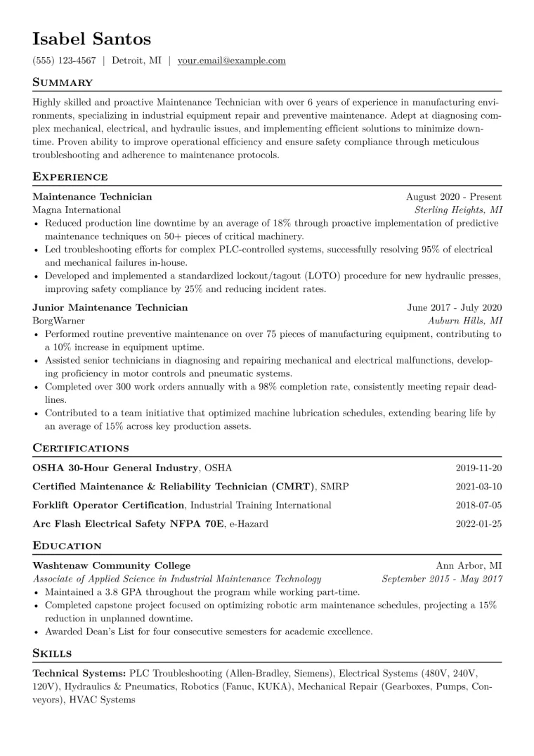 Maintenance Technician Resume Example CV template preview