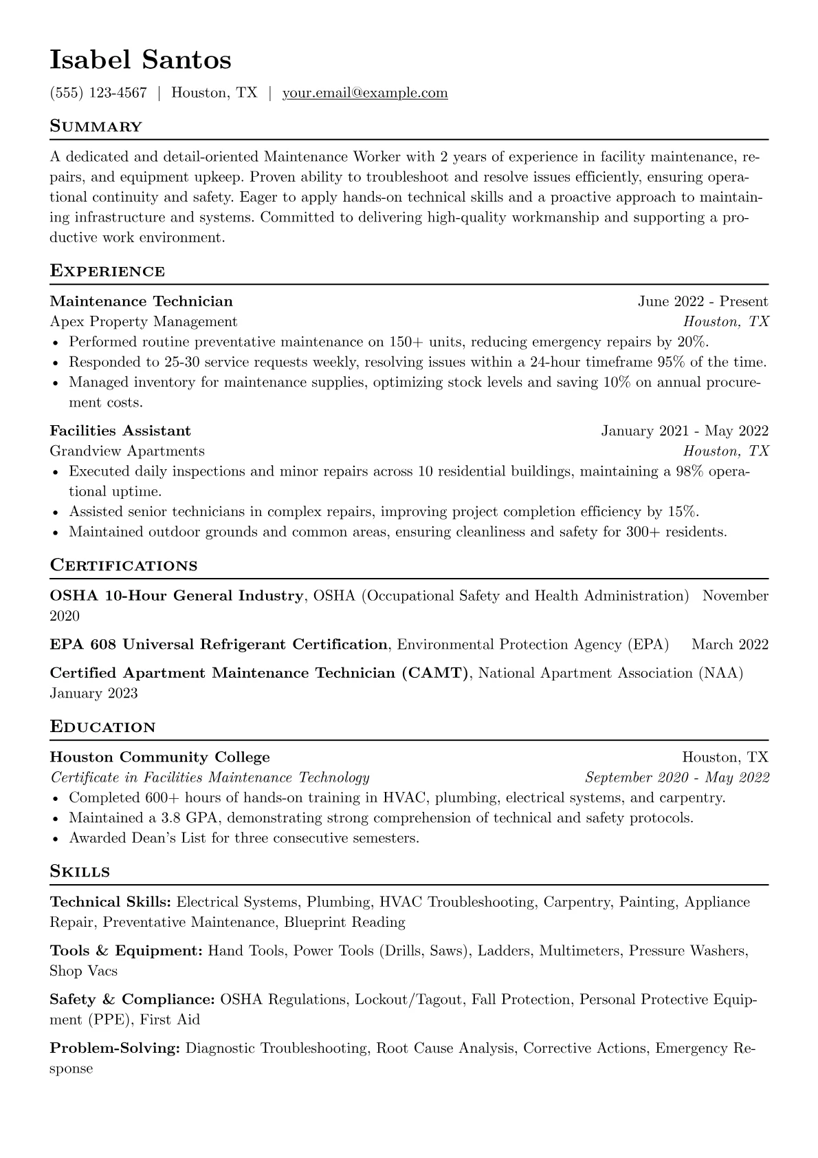 Maintenance Worker Resume Example CV template - Page 1
