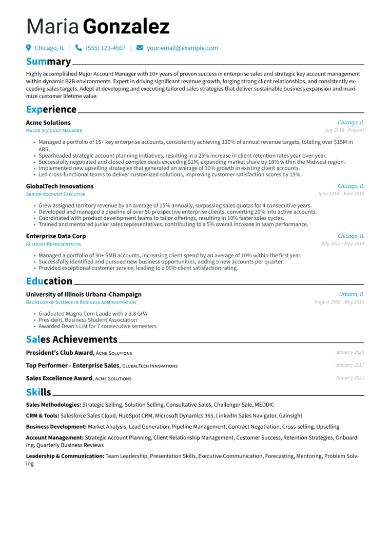 Major Account Manager Resume Example CV template preview