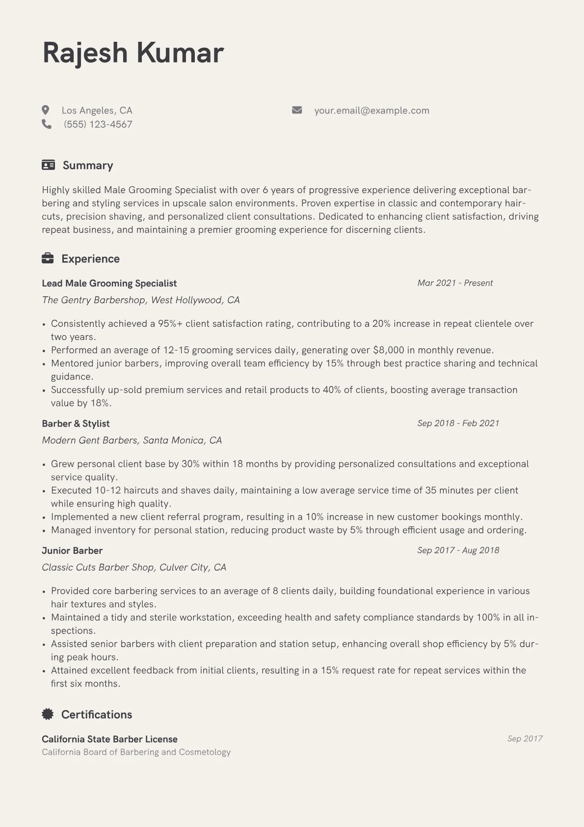 Male Grooming Specialist Resume Example CV template - Page 1