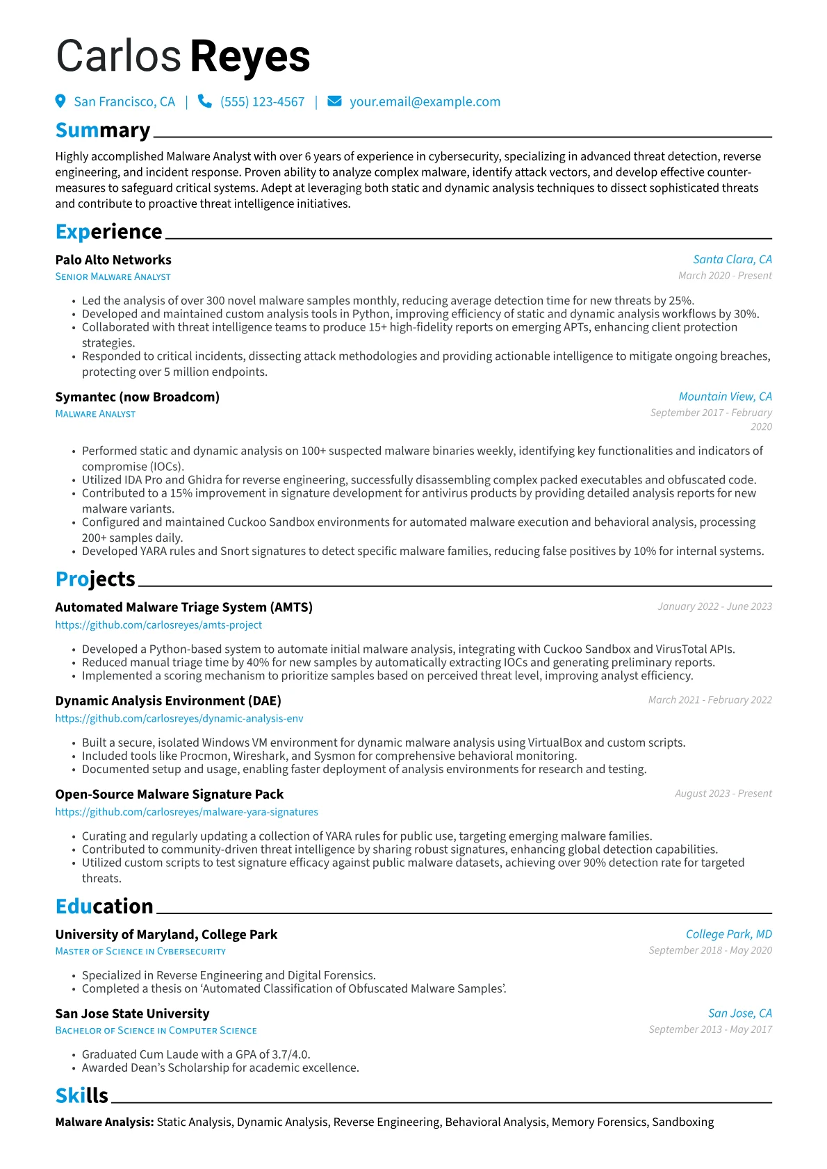 Malware Analyst Resume Example CV template - Page 1