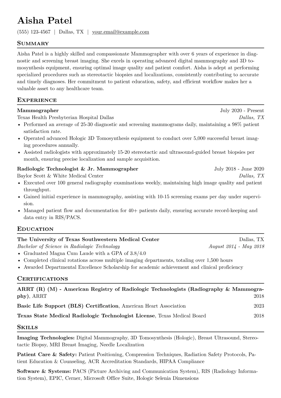 Mammographer Resume Example CV template - Page 1