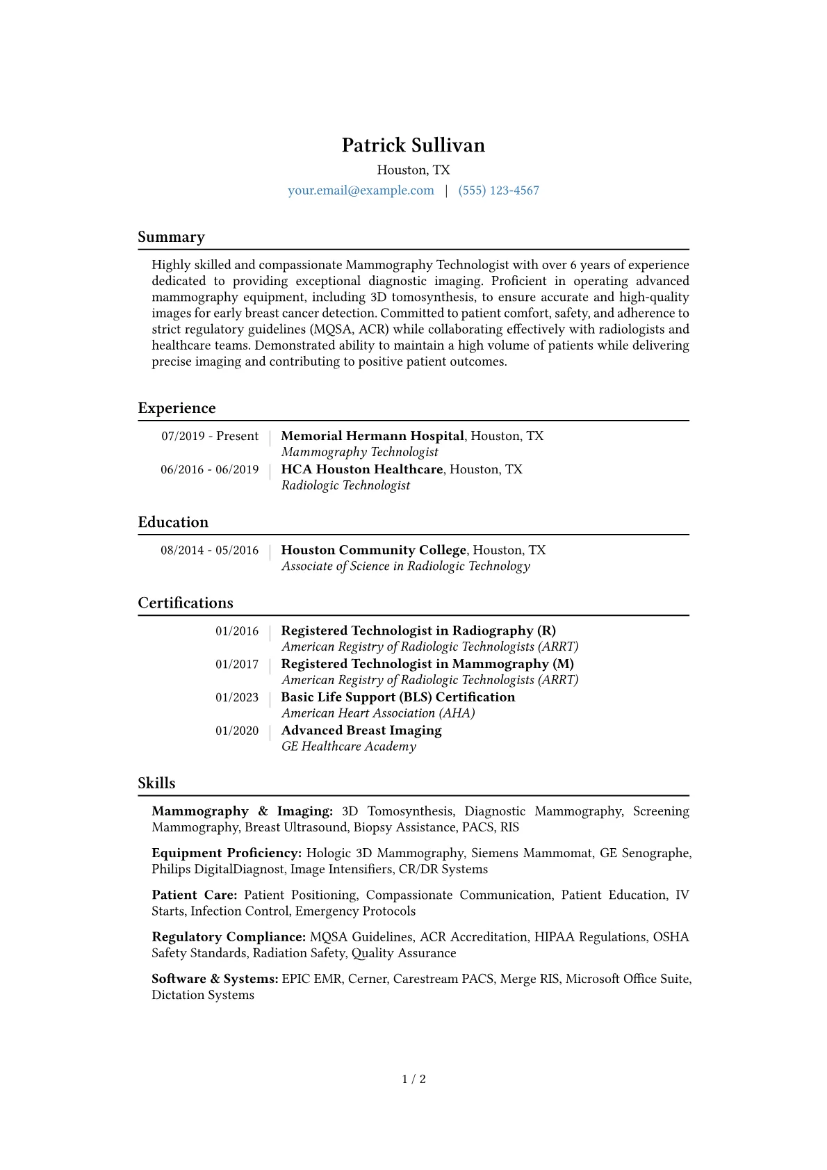 Mammography Technologist Resume Example CV template - Page 1