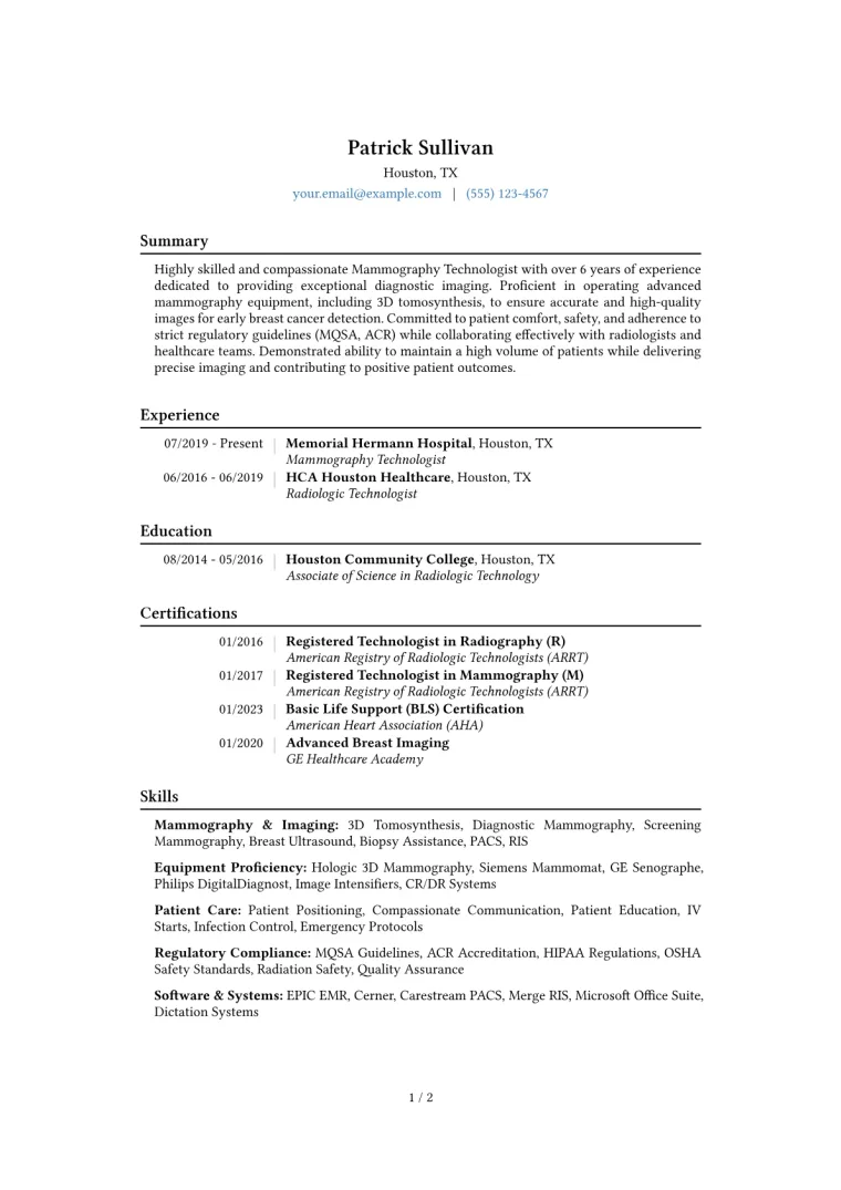 Mammography Technologist Resume Example CV template preview