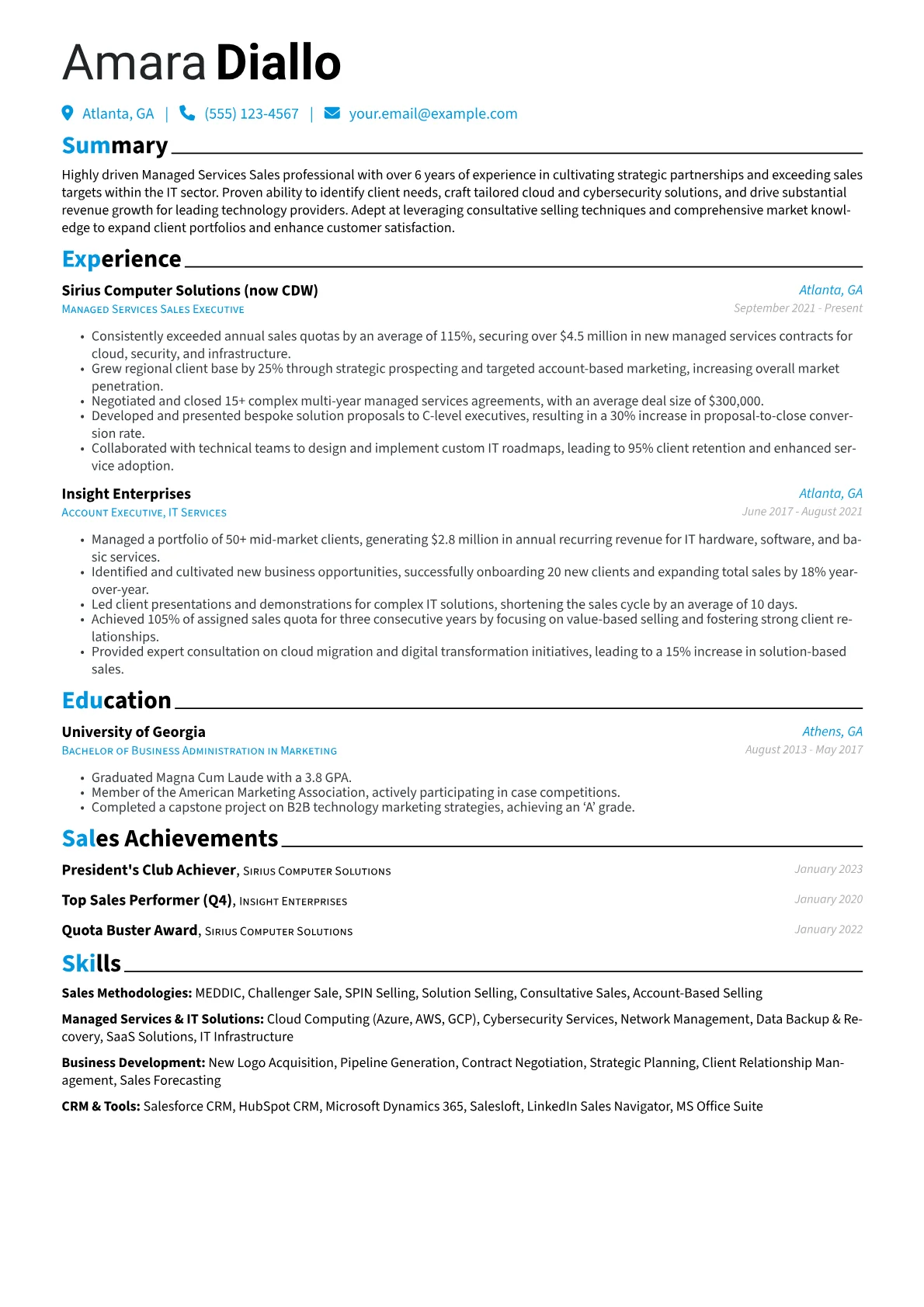 Managed Services Sales Resume Example CV template - Page 1
