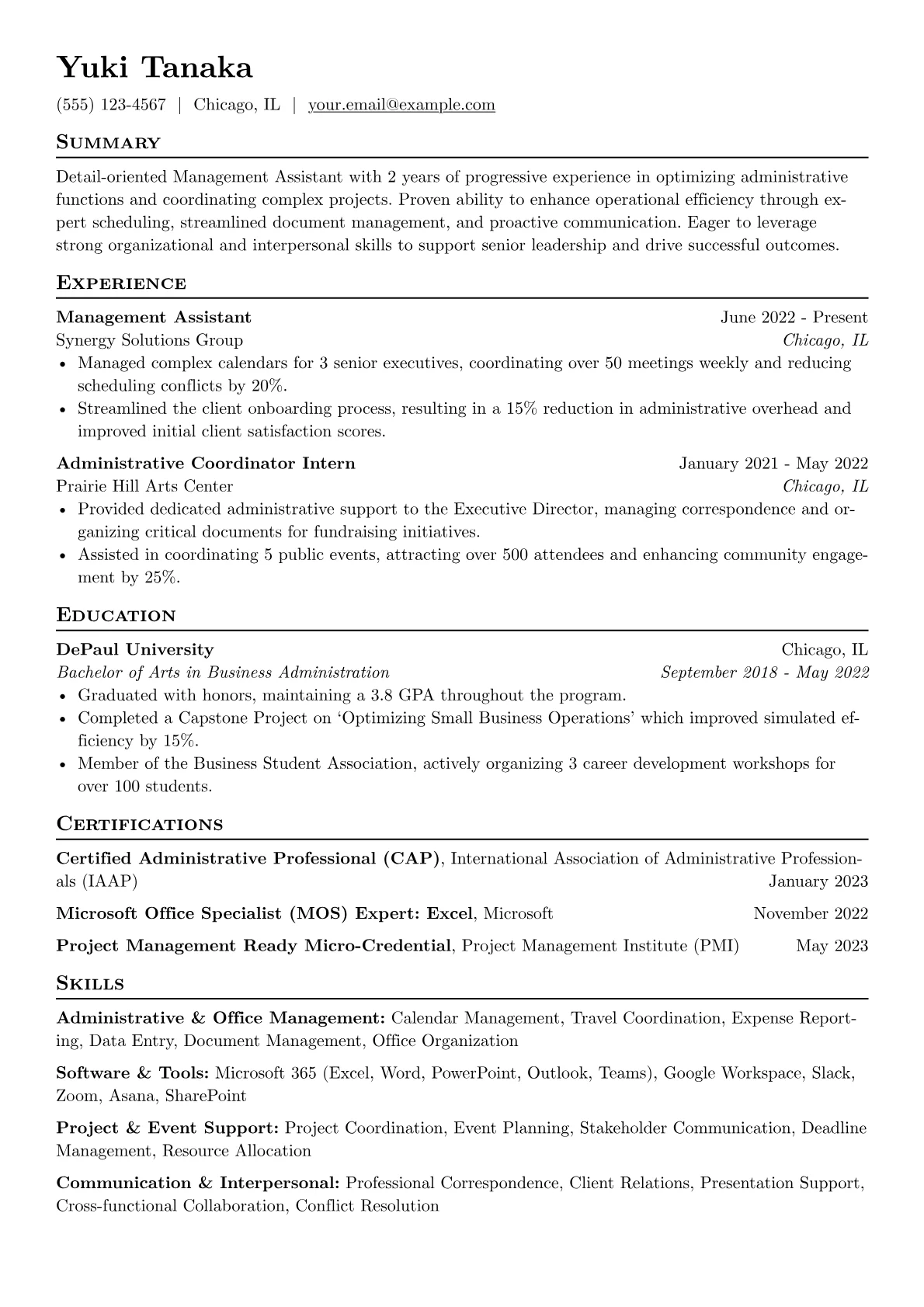 Management Assistant Resume Example CV template - Page 1