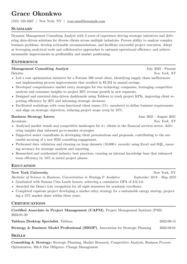 Management Consulting Analyst Resume Example CV template preview