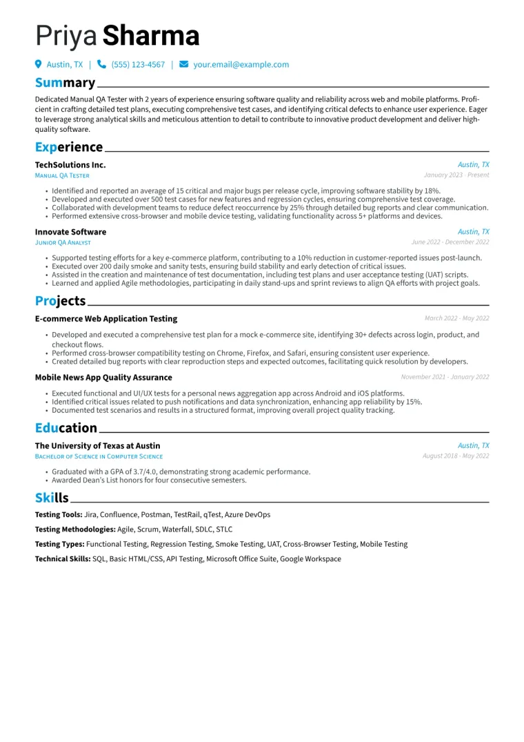 Manual QA Tester Resume Example CV template preview