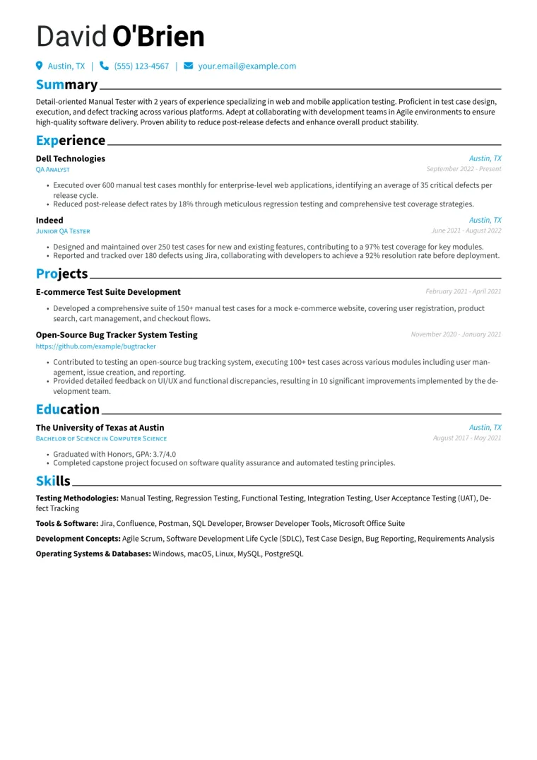 Manual Tester Resume Example CV template preview