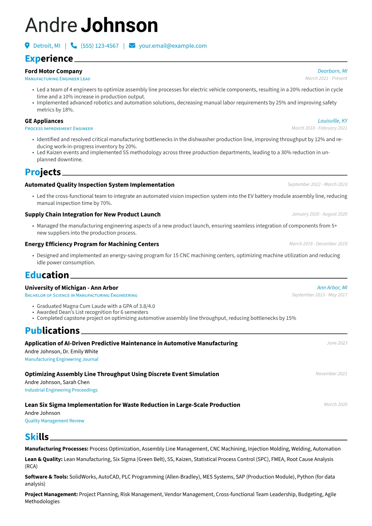 Manufacturing Engineer Resume Example CV template - Page 1