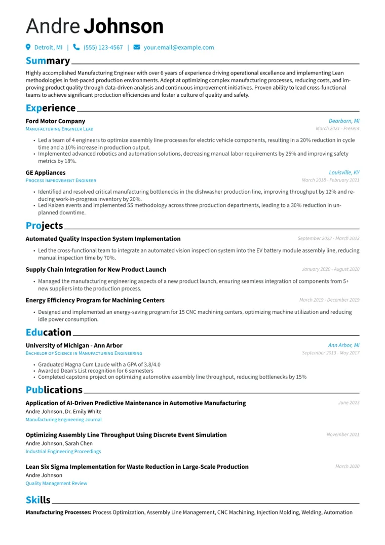 Manufacturing Engineer Resume Example