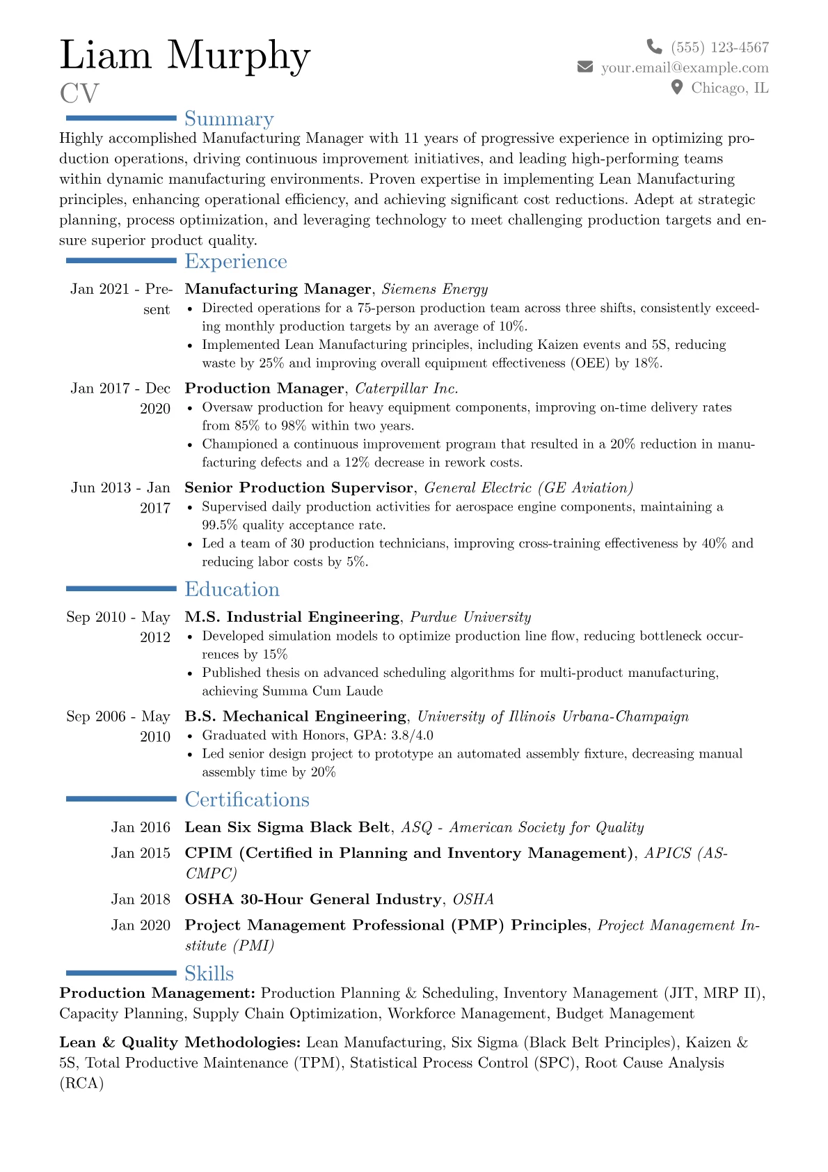 Manufacturing Manager Resume Example CV template - Page 1