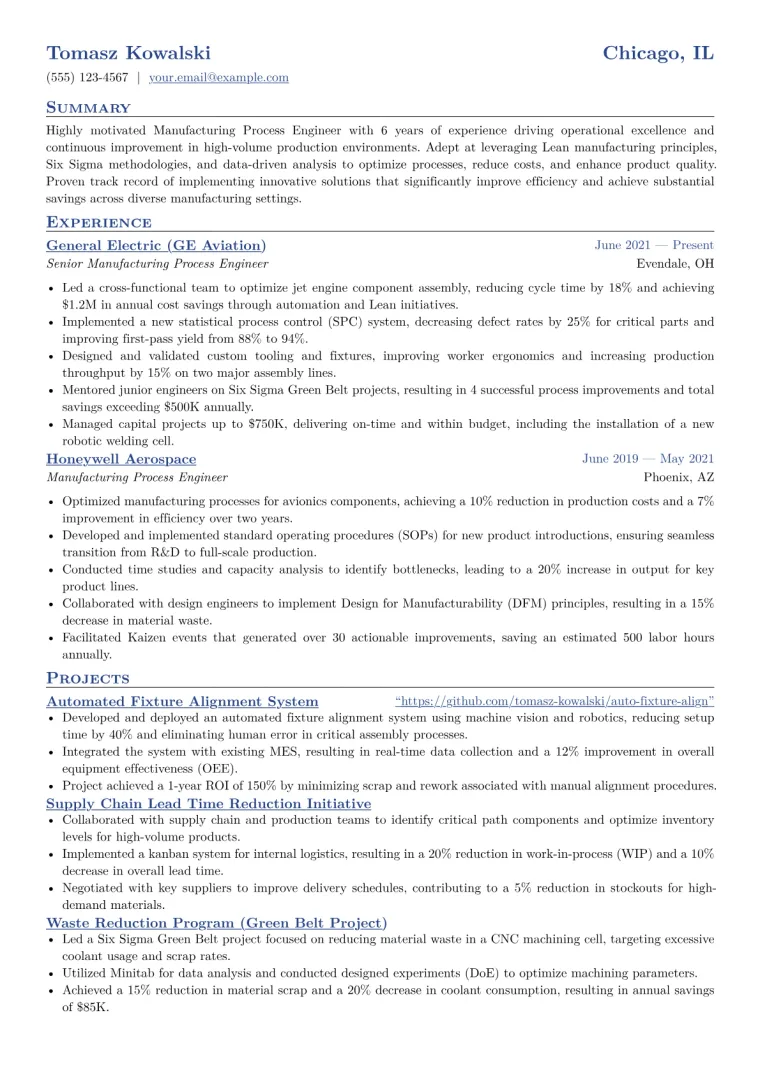 Manufacturing Process Engineer Resume Example CV template preview