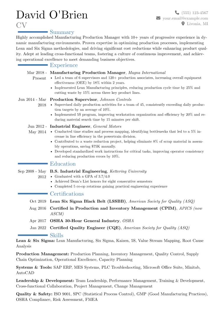 Manufacturing Production Manager Resume Example CV template preview