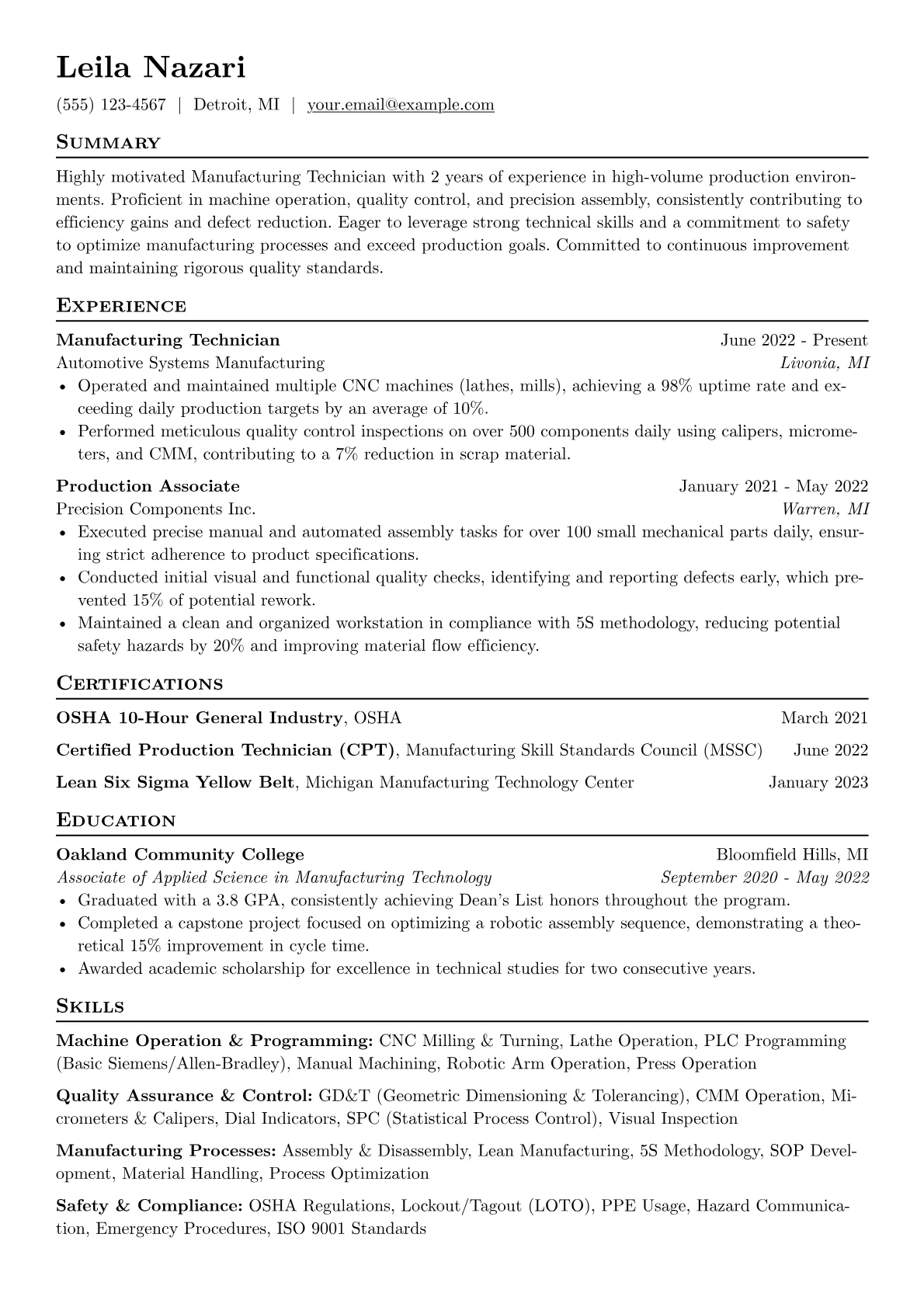 Manufacturing Technician Resume Example CV template - Page 1