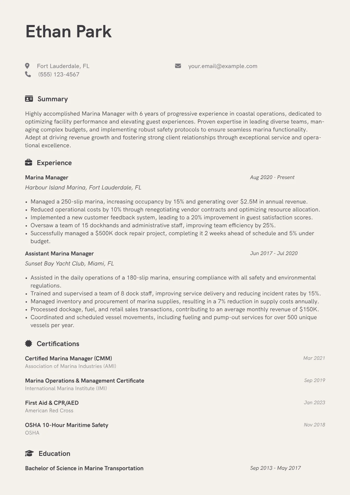 Marina Manager Resume Example CV template - Page 1