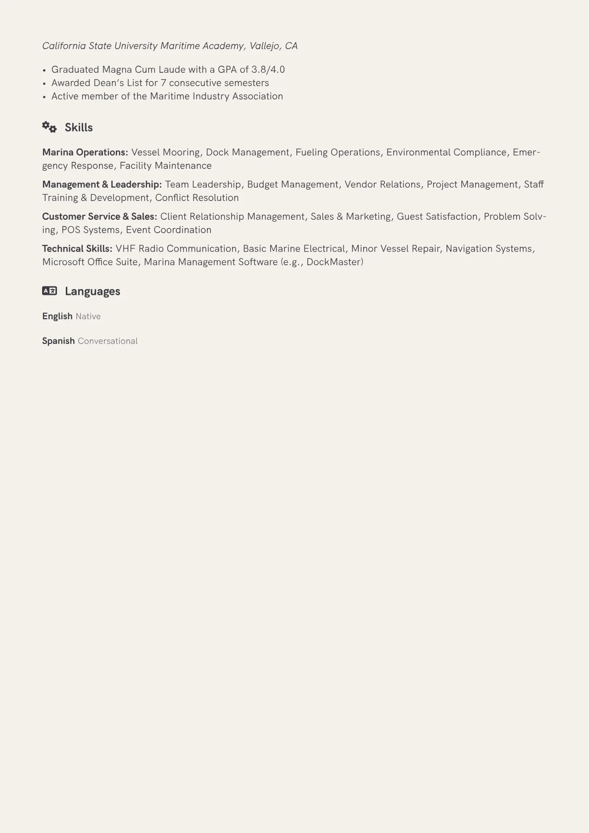 Marina Manager Resume Example CV template - Page 2