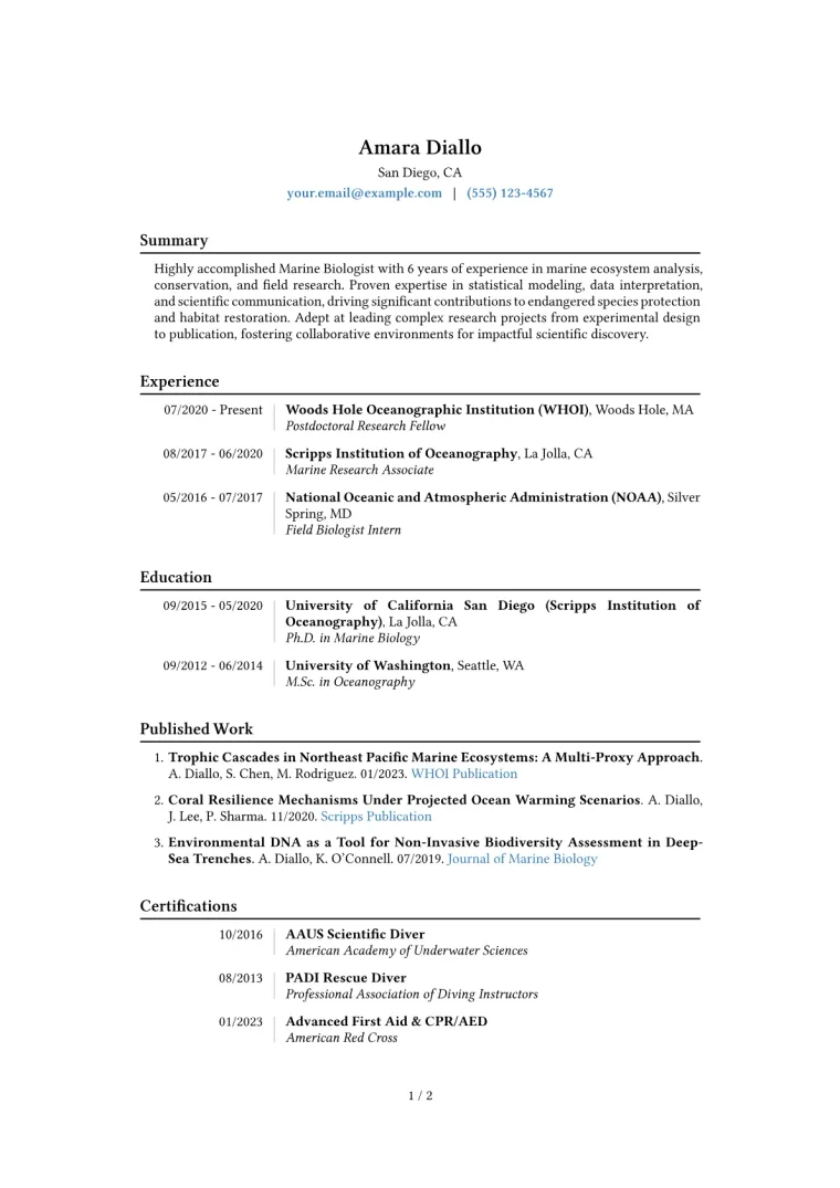Marine Biologist Resume Example CV template preview