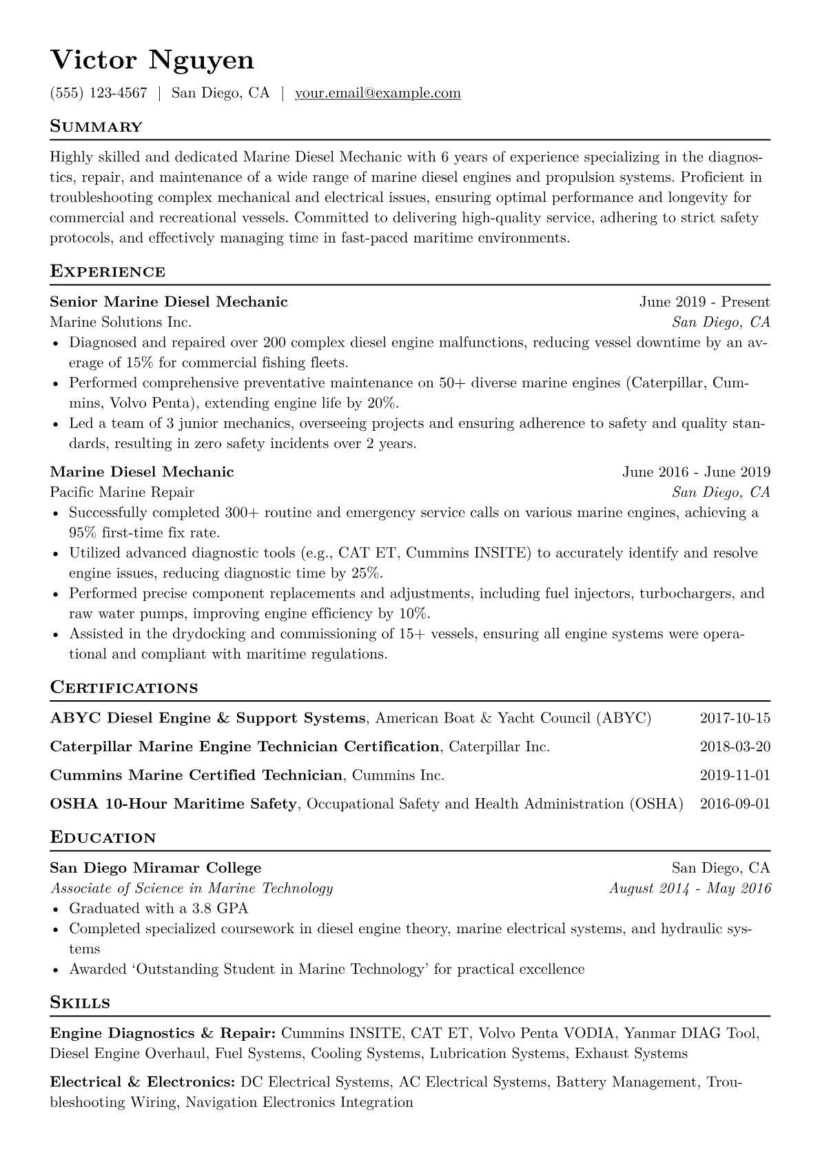 Marine Diesel Mechanic Resume Example CV template - Page 1