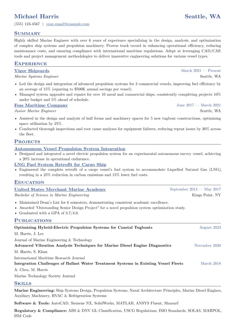 Marine Engineer Resume Example