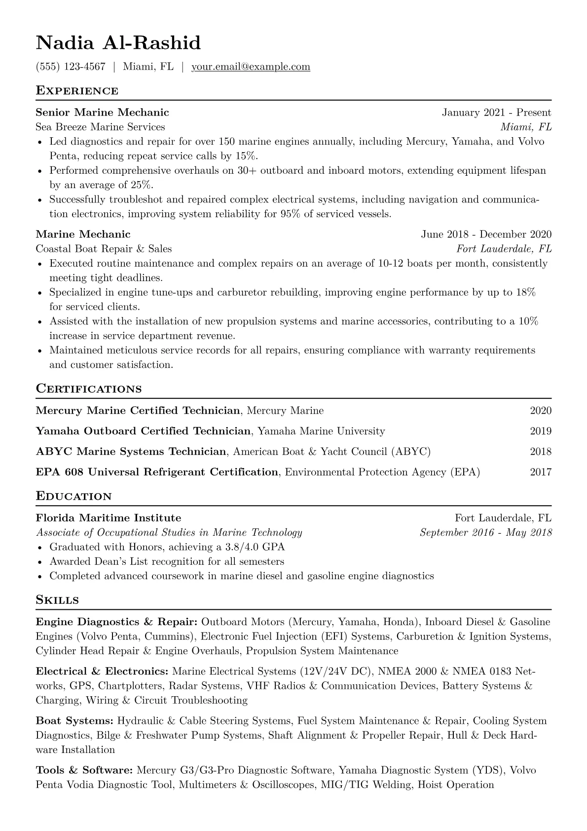 Marine Mechanic Resume Example CV template - Page 1