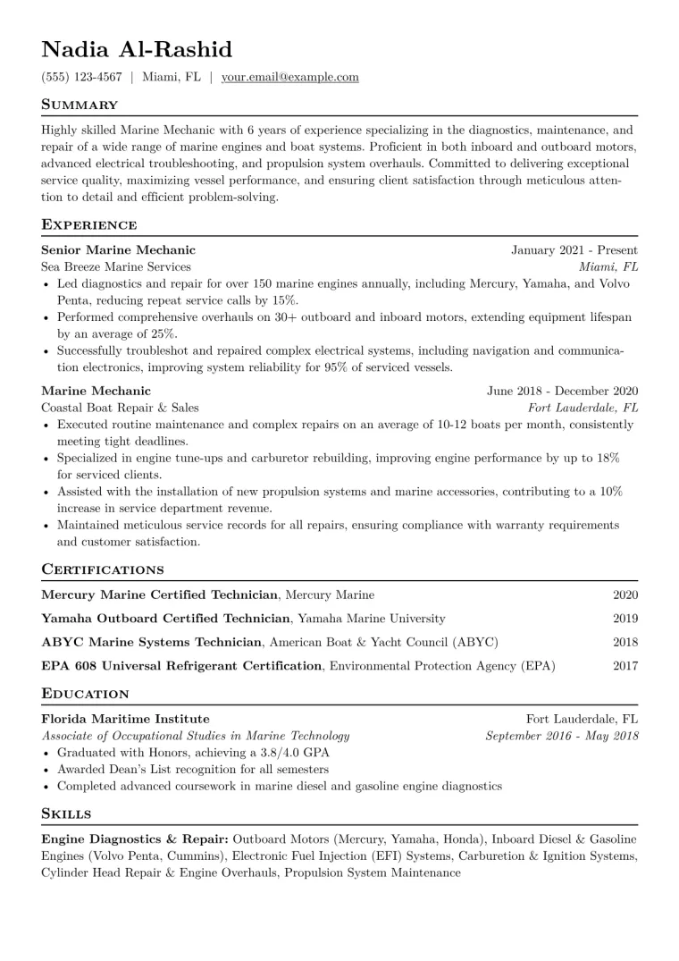 Marine Mechanic Resume Example CV template preview