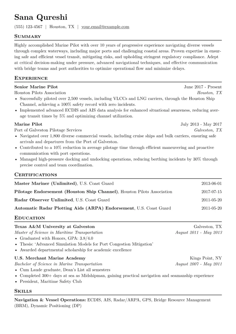 Marine Pilot Resume Example CV template preview