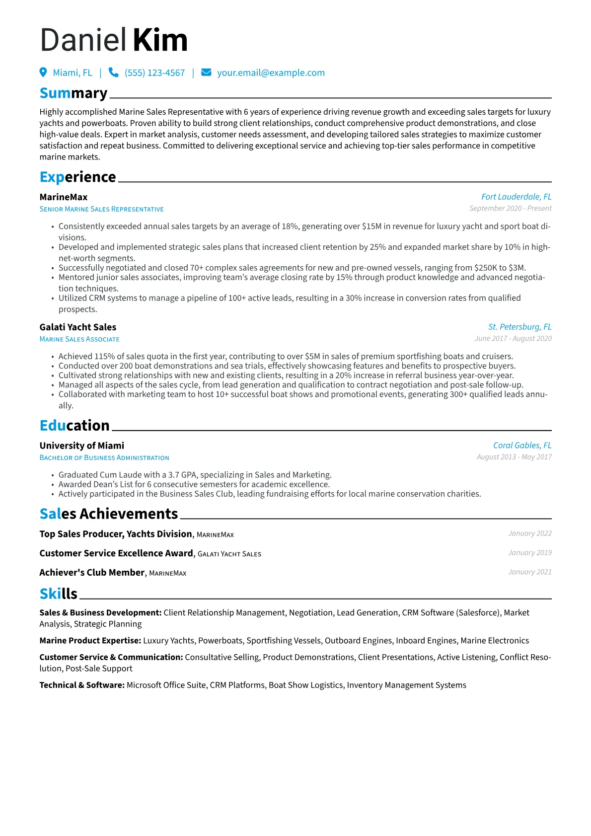 Marine Sales Representative Resume Example CV template - Page 1