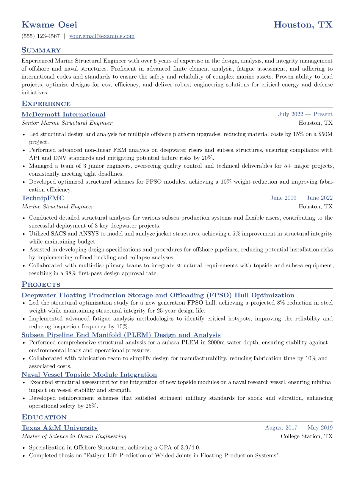 Marine Structural Engineer Resume Example CV template - Page 1