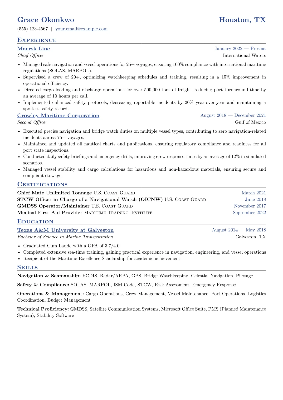 Maritime Officer Resume Example CV template - Page 1