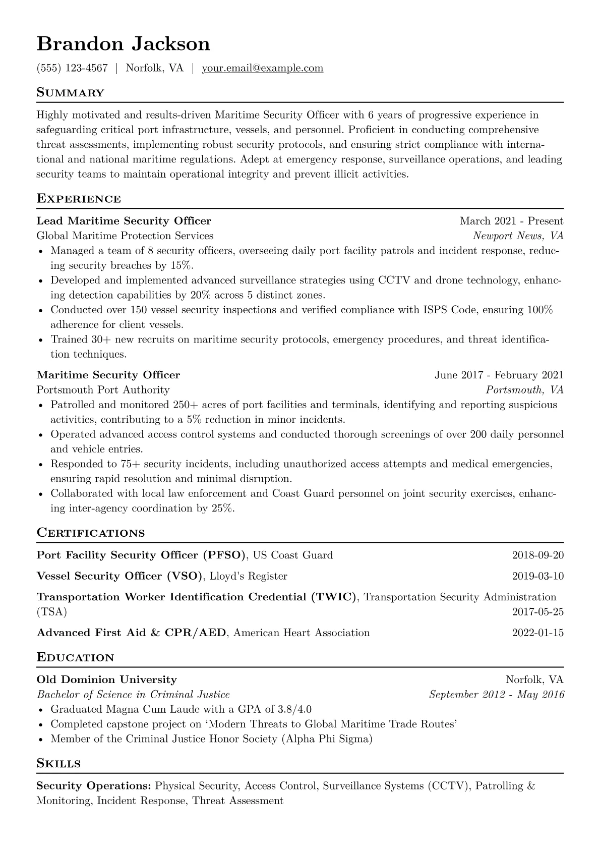 Maritime Security Officer Resume Example CV template - Page 1
