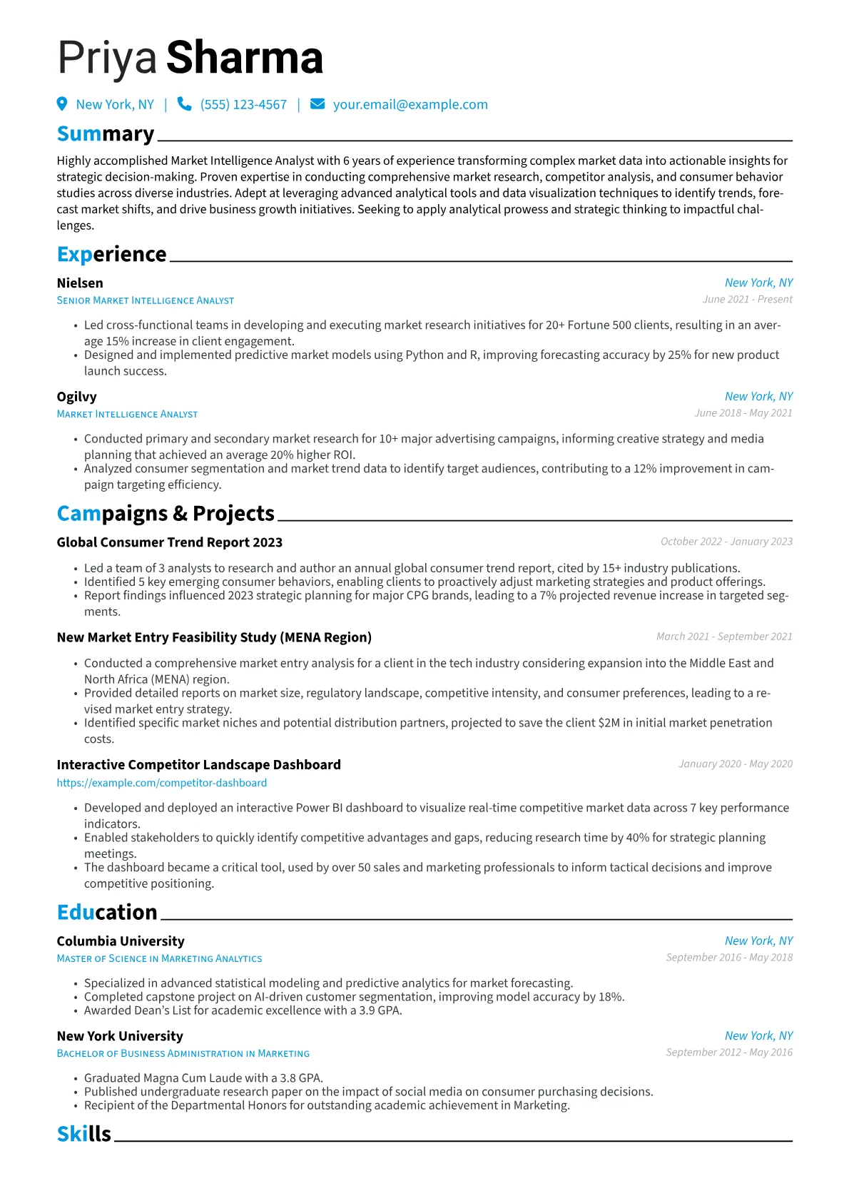 Market Intelligence Analyst Resume Example CV template - Page 1