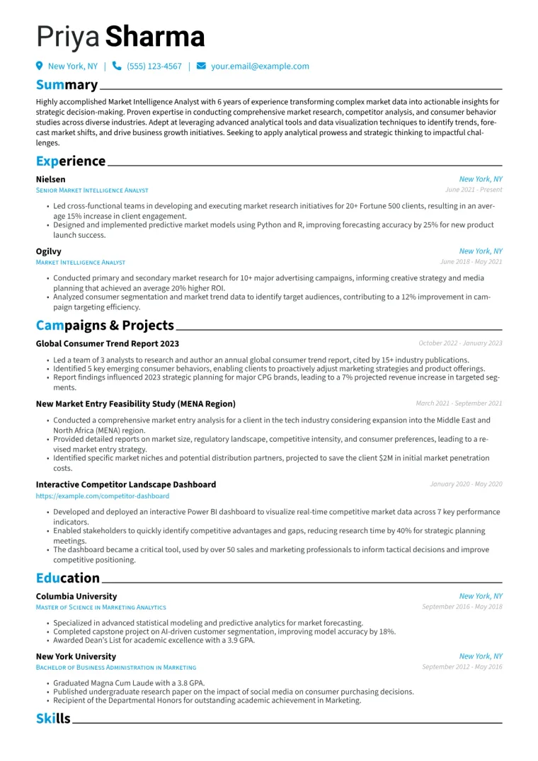 Market Intelligence Analyst Resume Example CV template preview