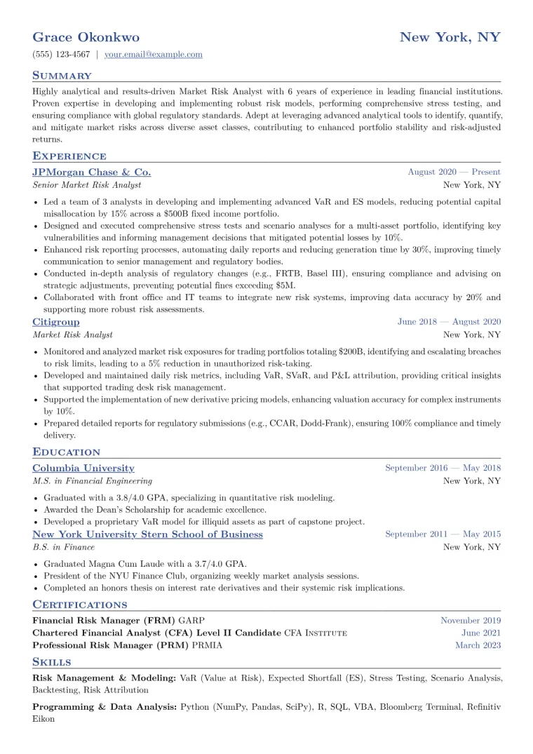 Market Risk Analyst Resume Example CV template preview
