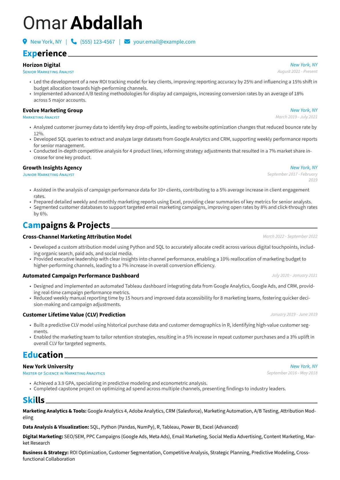 Marketing Analyst Resume Example CV template - Page 1