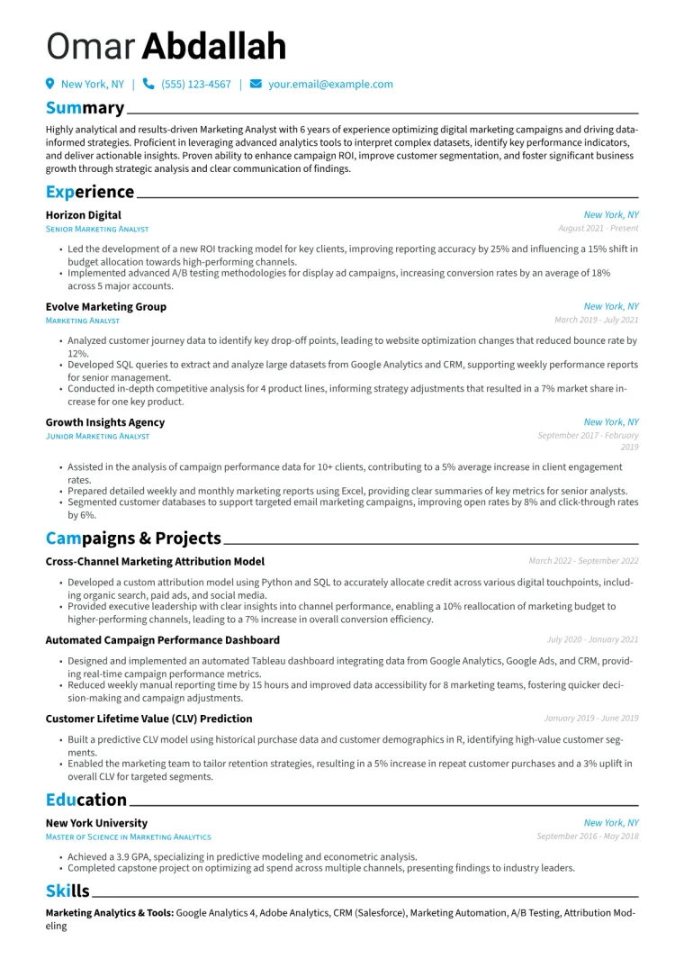 Marketing Analyst Resume Example CV template preview