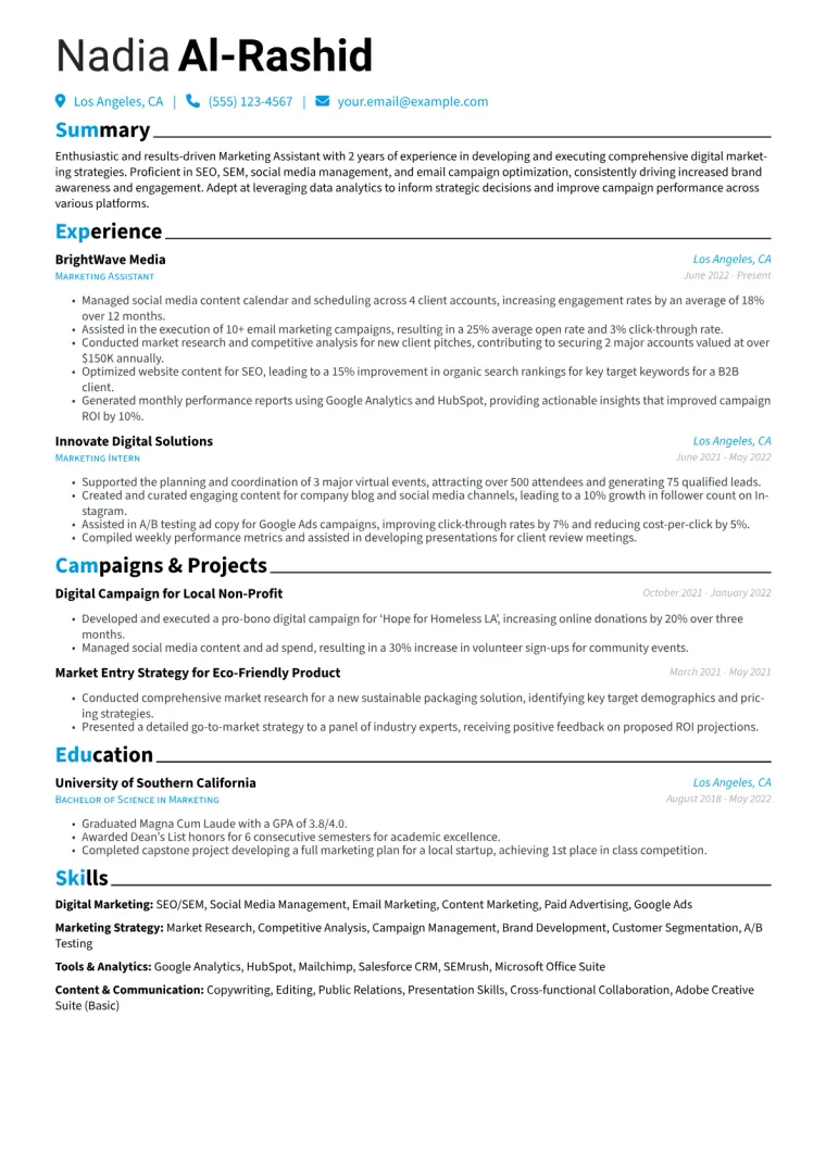 Marketing Assistant Resume Example CV template preview