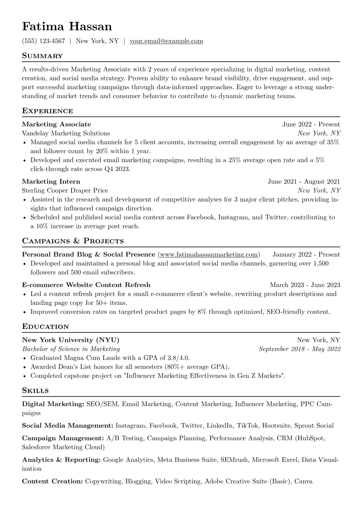 Marketing Associate Resume Example CV template - Page 1