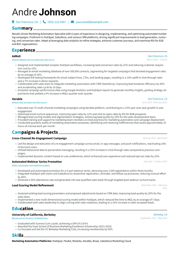 Marketing Automation Specialist Resume Example CV template preview